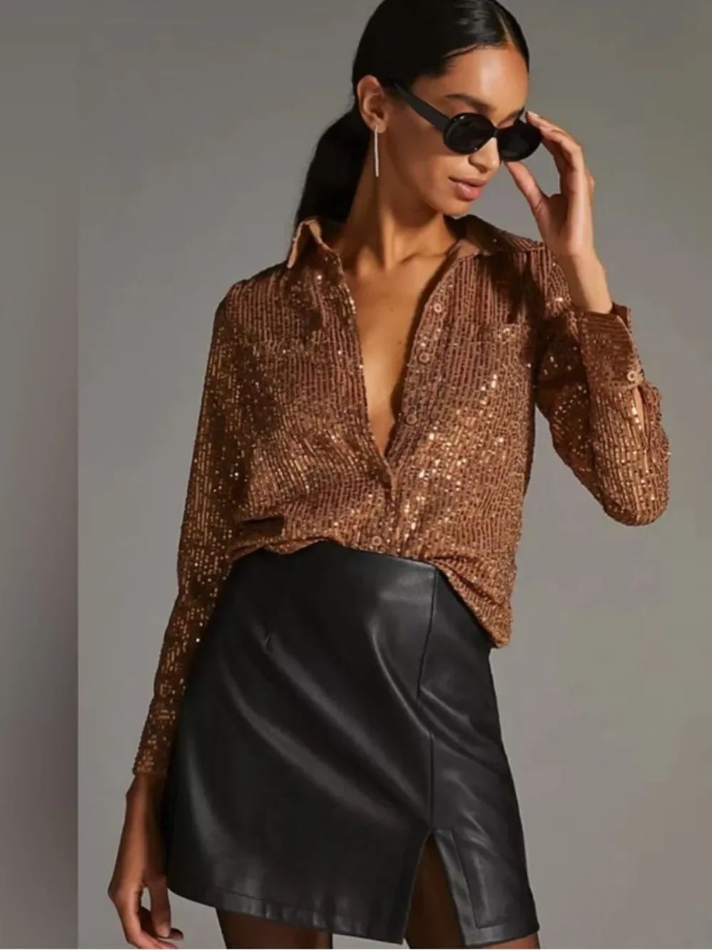 Anthropologie Remie Button Down Copper Sequin Top Women’s Medium